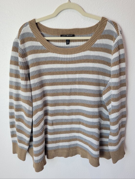Lane Bryant Sweaters - Lane Bryant Womens 22/24 Striped Crewneck Sweater Gray Tan White Loose Fit